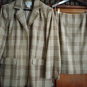 Focus 2000 Vintage 1990s Skirt/Jacket Suit Brown Windowpane Wool Blend